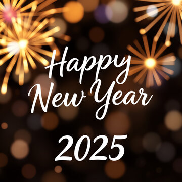 Festive image for the New Year, dark background decorated with fireworks and blurred bokeh lights. Elegant text in the center of the composition. 