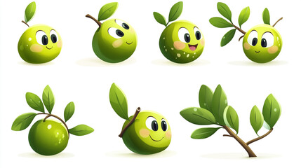 Cute cartoon green fruit characters with leaves expressing different emotions