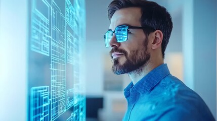 Man Engaging with Futuristic Digital Interface in Modern Office Technology Innovation High-Tech Environment Close-Up Digital Transformation