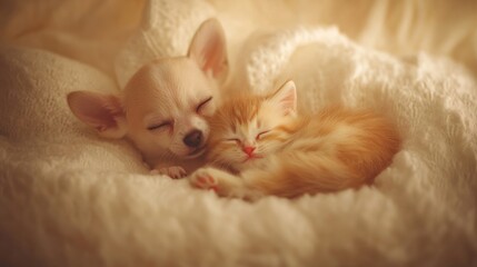 A cute puppy and kitten snuggled together on a soft blanket, exuding warmth and comfort.