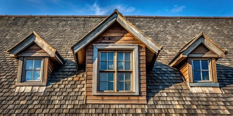 Obraz premium A weathered wooden roof with three dormer windows, revealing a glimpse of the sky and the promise of light