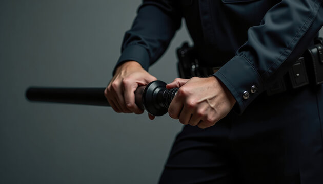 Close up of a police officer's hands gripping a baton  ready for action.