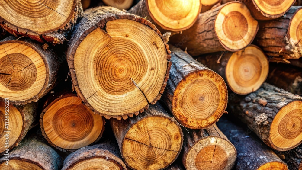 Poster A close-up view of a stack of tree logs revealing the intricate patterns of their annual rings, each circle telling a story of growth and time.