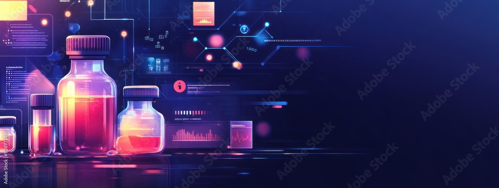 Poster a digital illustration of laboratory bottles with scientific data and molecular structures.