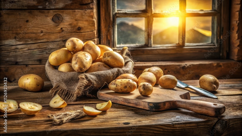 Poster Rustic Still Life of Fresh Potatoes with a View of a Sunset Through a Window