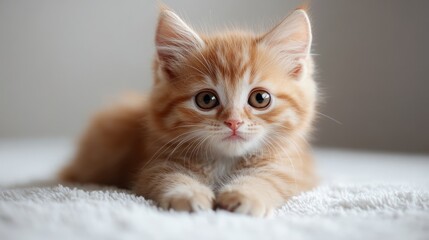 Obraz premium cute cat. A cute orange kitten lying on a soft surface, looking curiously at the camera with large, expressive eyes.