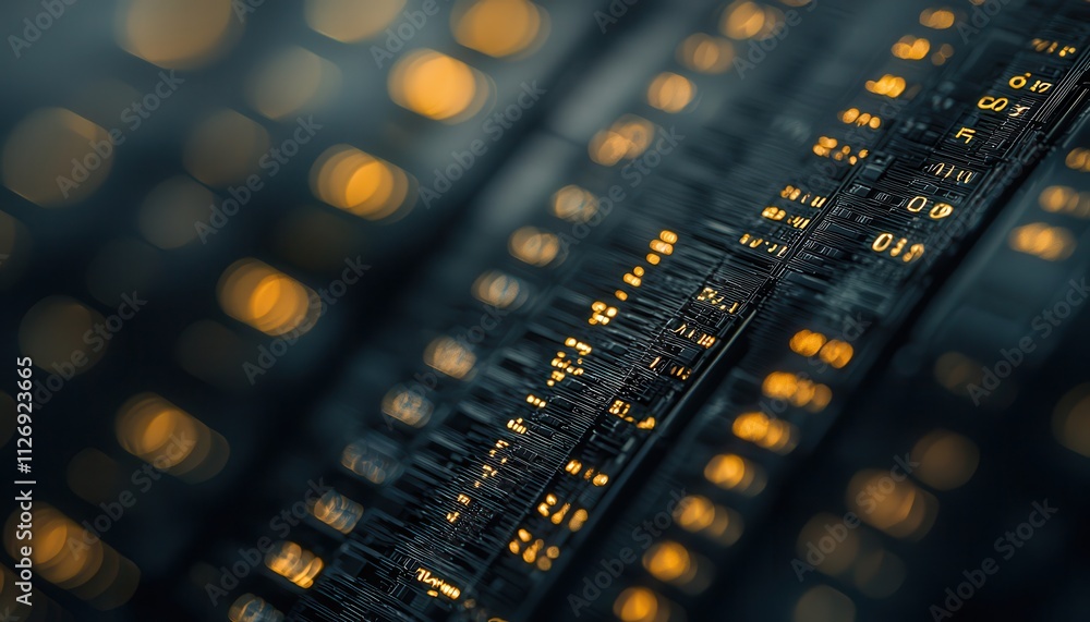 Poster close-up image of digital cryptocurrency ledger with abstract patterns and golden highlights