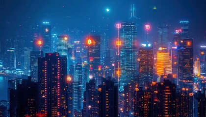 Fototapeta premium Nighttime Cityscape with Illuminated Buildings and Vibrant Lights Overlooking a Modern Urban Environment