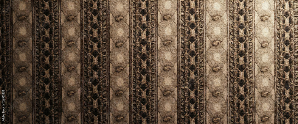 Poster a black and white striped carpet with a pattern of circles and squares. the carpet is made of wool a