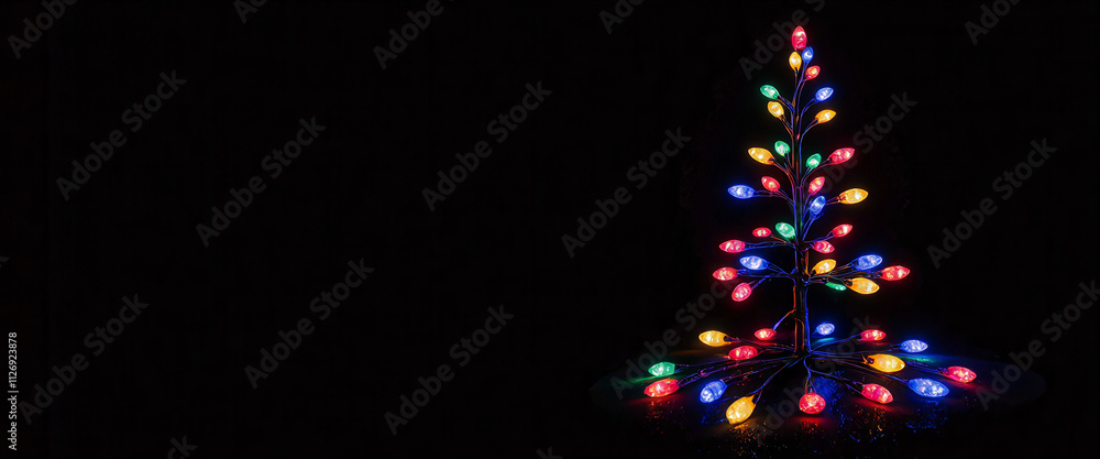 Poster a christmas tree made of lights is lit up in a dark room. the lights are arranged in a triangular sh
