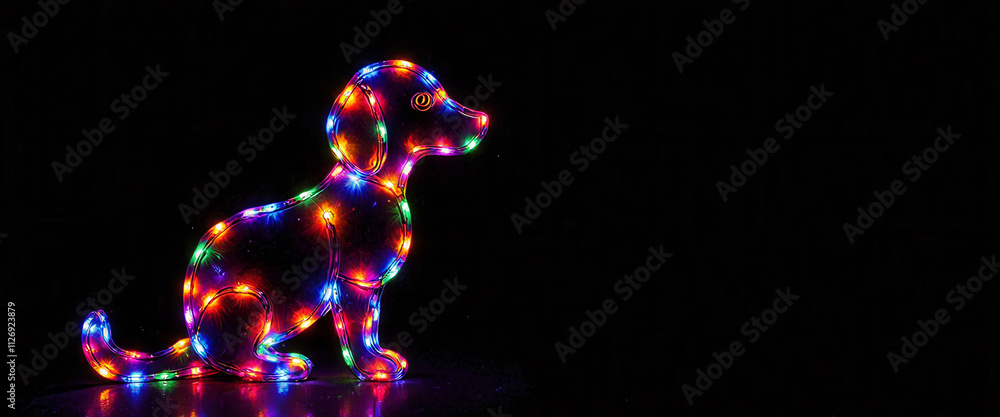 Poster a dog is lit up with lights and is sitting on a table. the lights are colorful and create a festive 