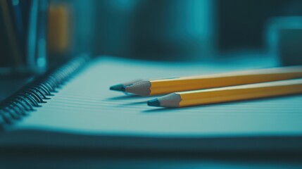 Close-Up View of Two Yellow Pencils Resting on an Untouched Blank Spiral Notebook with Soft Focus Background, Ideal for Education, Creativity, and Writing Themes