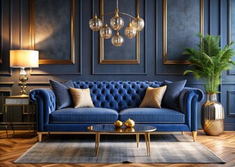 Navy Blue Sofa Gold Accents Living Room Interior Design - Stylish Home Decor Inspiration