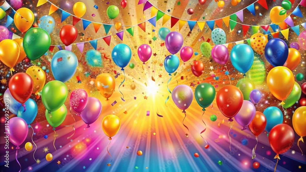 Poster a festive explosion of color and joy, with vibrant balloons and streamers dancing in the air, creati