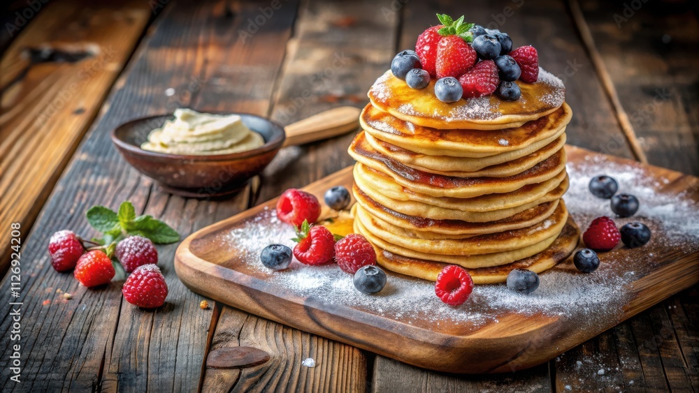 Poster a stack of fluffy pancakes topped with fresh blueberries and raspberries, dusted with powdered sugar