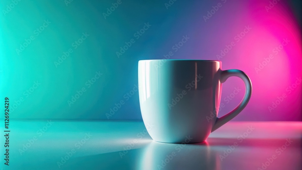 Poster A white mug with a handle set on a surface illuminated by a teal and magenta light gradient.