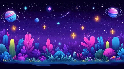 Neon Planets Glowing Flora Under A Starry Night Sky