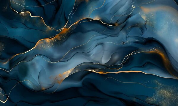 Modern watercolor background or elegant card design for birthday invite or wedding or menu with abstract navy blue ink waves and golden splashes. Video background.