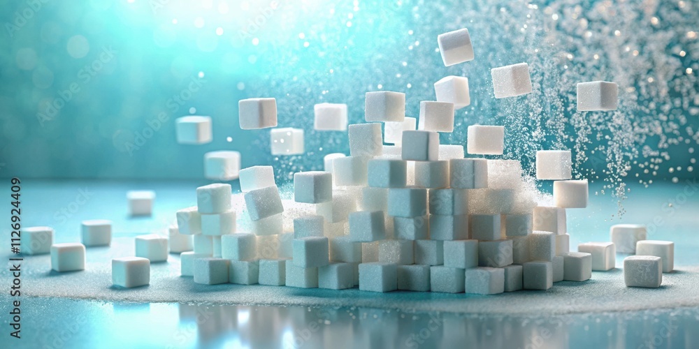 Poster A white sugar cube tower against a blue background with sugar cubes falling and exploding into a white sugar dust cloud