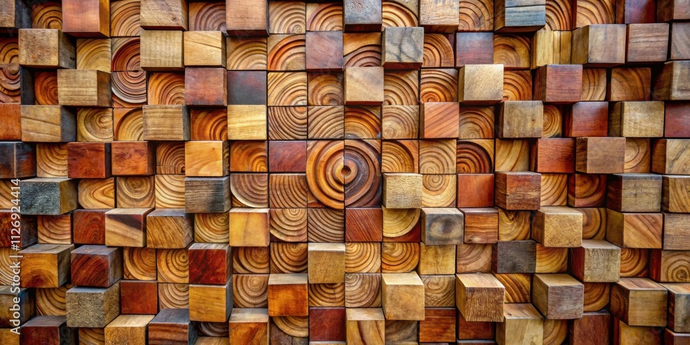 Poster A visually captivating pattern created with wooden cubes, showcasing a variety of colors and textures, highlighting the natural beauty of wood.