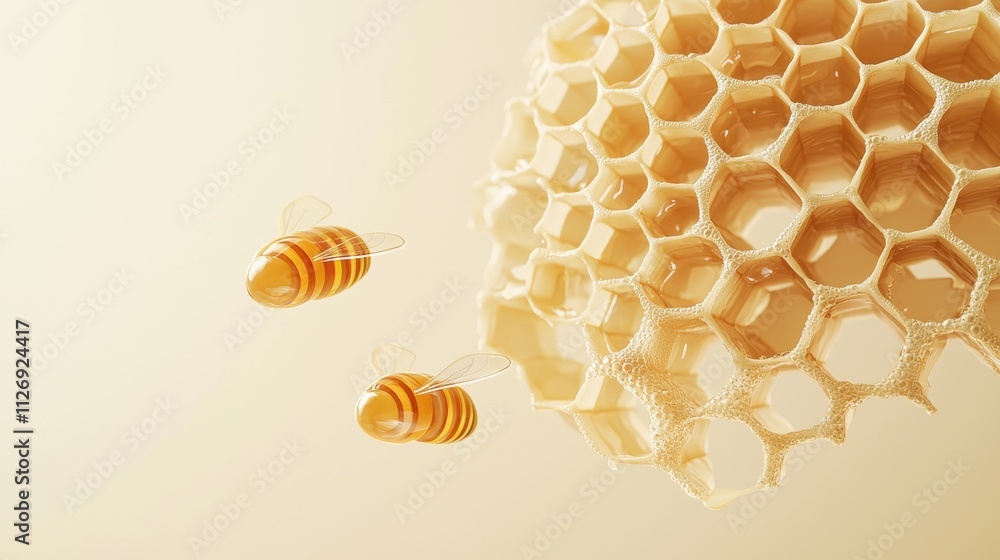 Poster floating honeycomb structure with bees in soft light for nature and wildlife themes