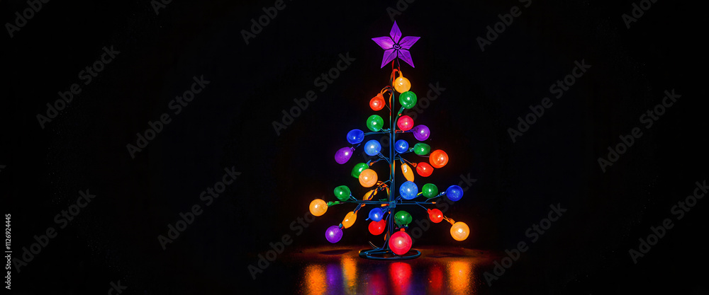 Poster a christmas tree made of lights is lit up in a dark room. the lights are arranged in a triangular sh