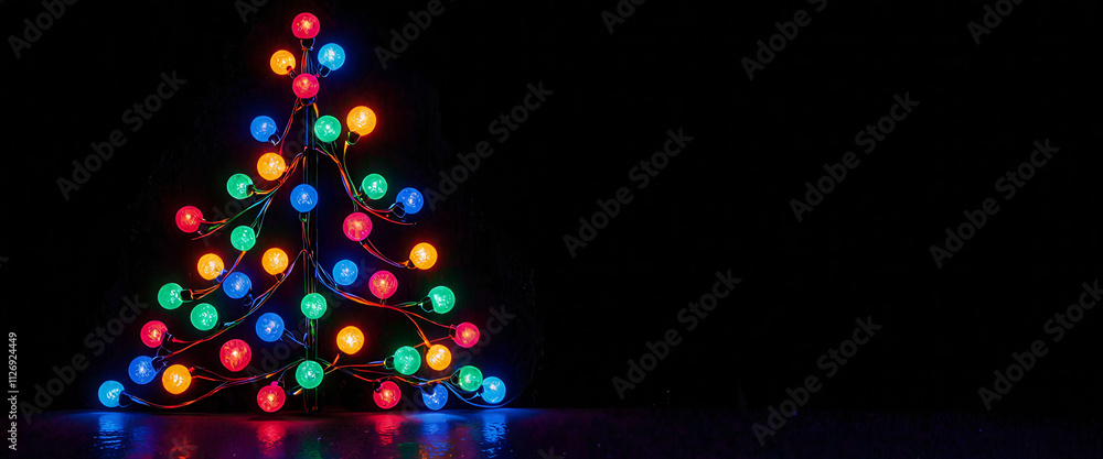 Poster a christmas tree made of lights is lit up in a dark room. the lights are arranged in a triangular sh