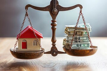 A model house balances with stacks of money on a scale, illustrating the relationship between real estate value and financial wealth.