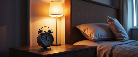 A black alarm clock sits on a wooden nightstand next to a bed. The clock is set to the time of 8:00