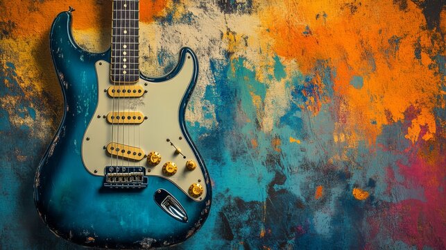 The banner of the rock band concert. Electric guitar on a colorful grunge background