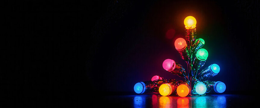 A Christmas tree made of lights is lit up in a dark room. The lights are arranged in a triangular shape, with the top of the tree being the most lit. Scene is festive and joyful