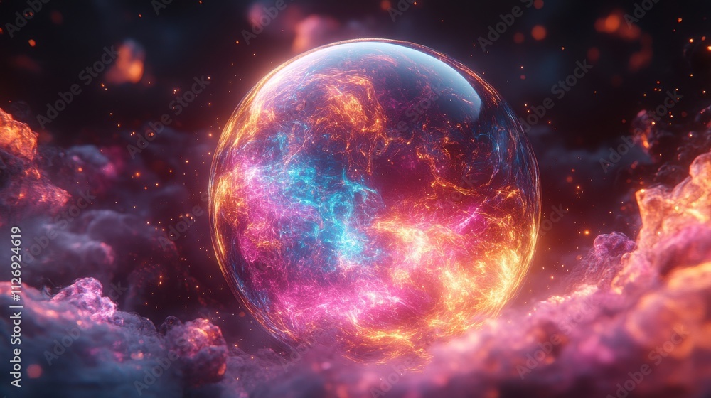 Poster abstract 3d animation of a colorful bubble on black background video loo