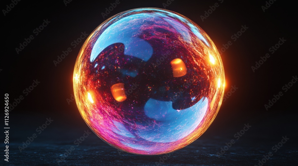 Poster abstract 3d animation of a colorful bubble on black background video loo