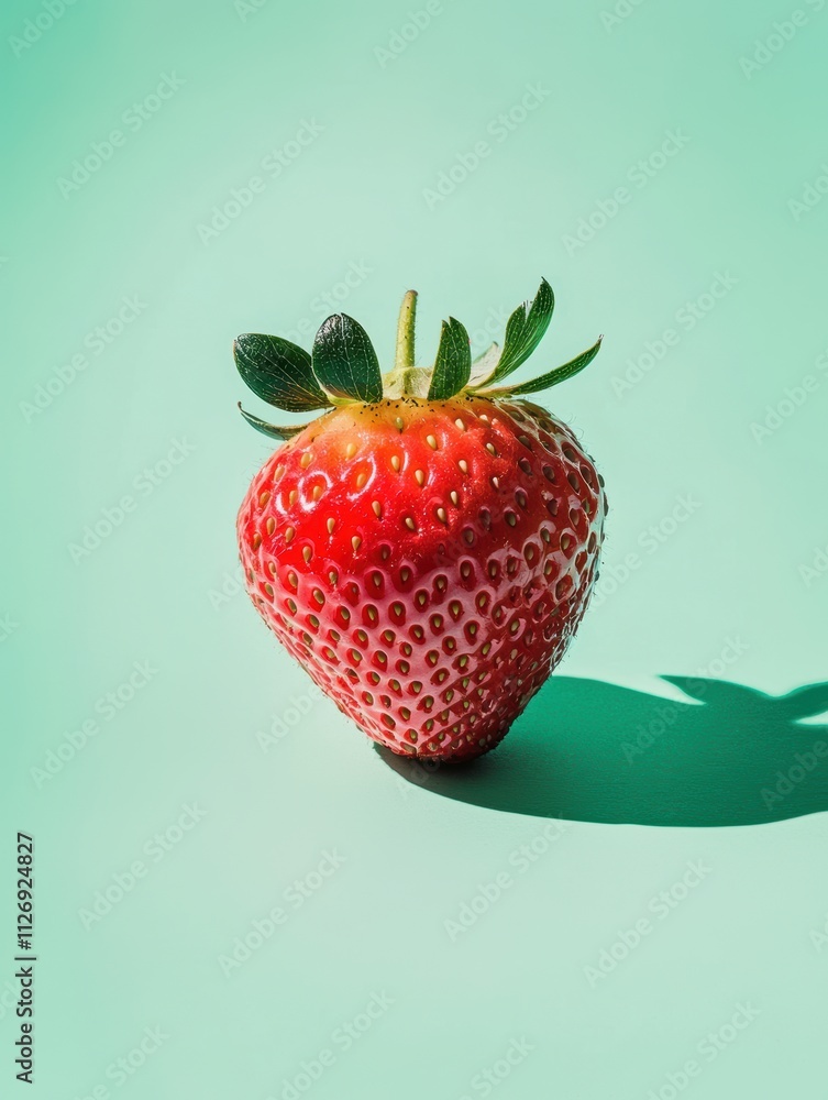 Poster fresh single strawberry standing upright on a light green background with shadows highlighting its t