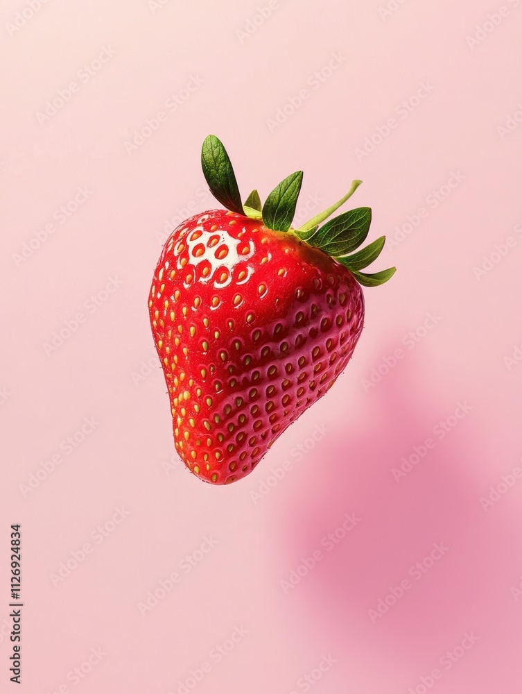 Aufkleber single floating strawberry above a soft pink background with gentle shadows