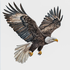 Obraz premium Bald eagle in flight with detailed feathers on white background.