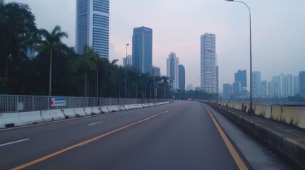 Obraz premium Urban Roadway with Modern Skyscrapers Against Dusk Skyline View