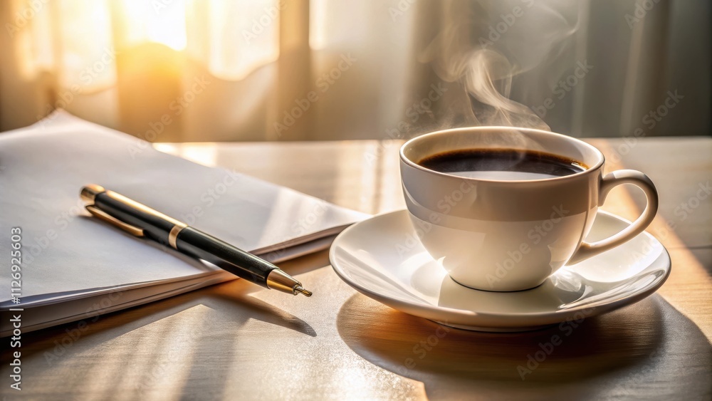Aufkleber a steaming cup of coffee rests on a saucer with a pen resting on a blank notepad, bathed in the gold