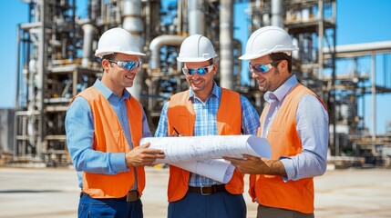 Collaboration of Engineers on Refinery Blueprints in Daylight A Professional Construction Planning Session