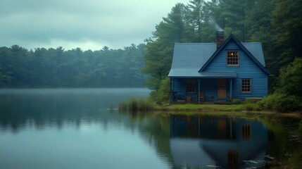 Fototapeta premium A blue house sits on a lake with a view of the water