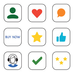 Vector icon set featuring social network symbols in a simple, colorful design for online interaction and engagement. Coloured icons in black frames on a transparent background.