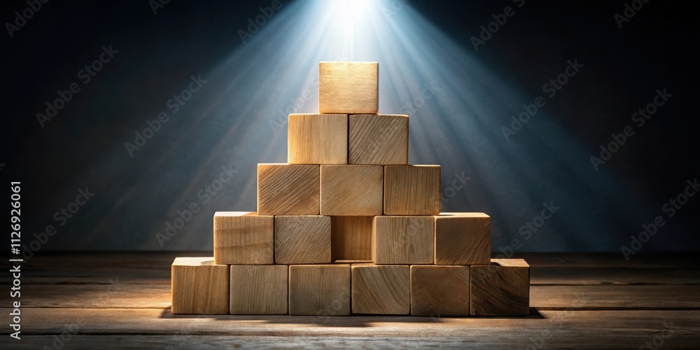 Poster wooden blocks stacked in a pyramid shape with a beam of light shining down from above