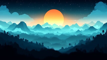 Serene Sunset Over Misty Mountain Ranges And Forests