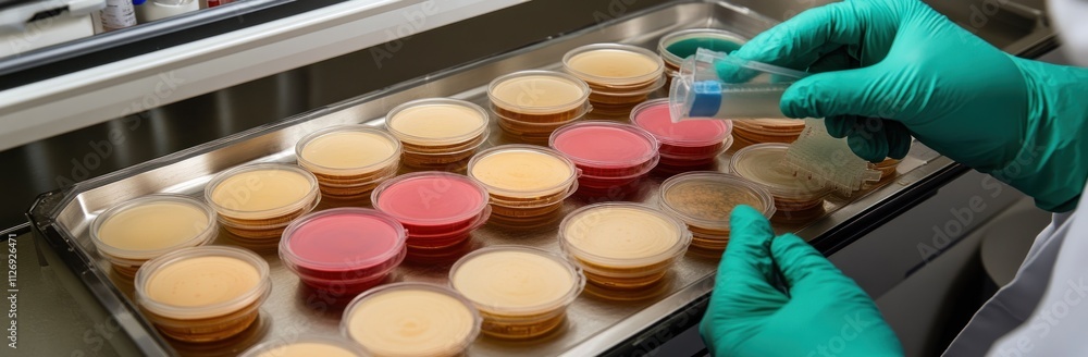 Poster a scientist inoculating petri dishes in a lab setting for microbiological analysis.