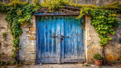 Weathered Blue Wooden Doors Framed by Lush Greenery on a Stone Wall