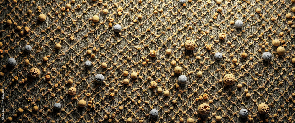 Poster a close up of a net with many small objects on it. the objects are of different sizes and colors, an