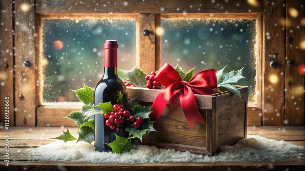 Poster a bottle of wine with a red bow sits on a snowy windowsill, a warm glow from the window illuminates 