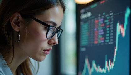 Focused woman analyzing stock market data on a computer screen  intently studying charts and graphs.