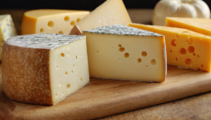 A selection of various cheese types is arranged on a wooden cutting board. The cheeses exhibit different colors, textures, and shapes, accompanied by a bulb of garlic for added flavor