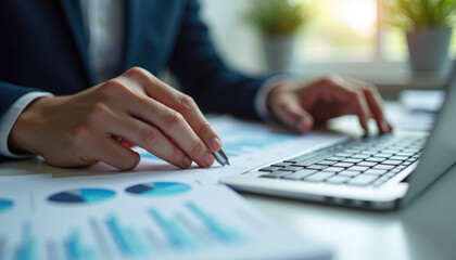 Fototapeta premium Businessman analyzing financial data on laptop highlighting key figures.